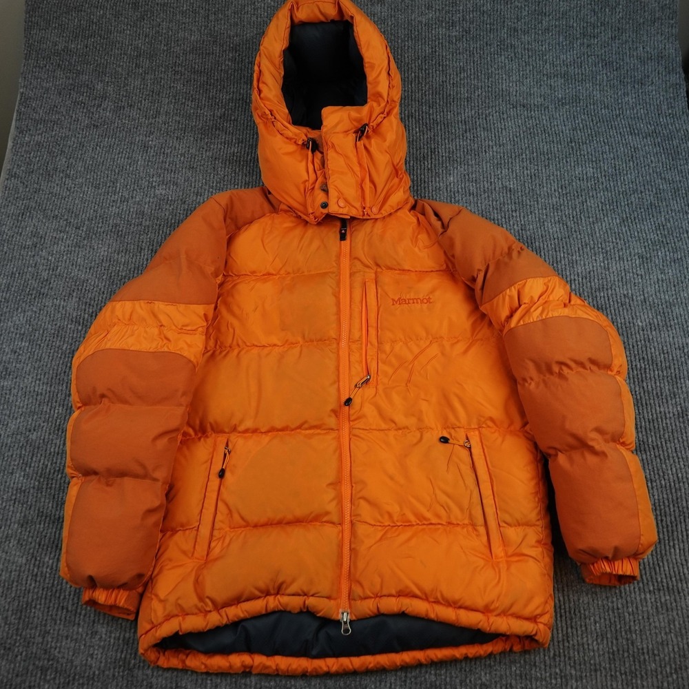 Marmot Guides Down Hoody Jacket Mens Medium Orange Down Puffer Full Zip Ski